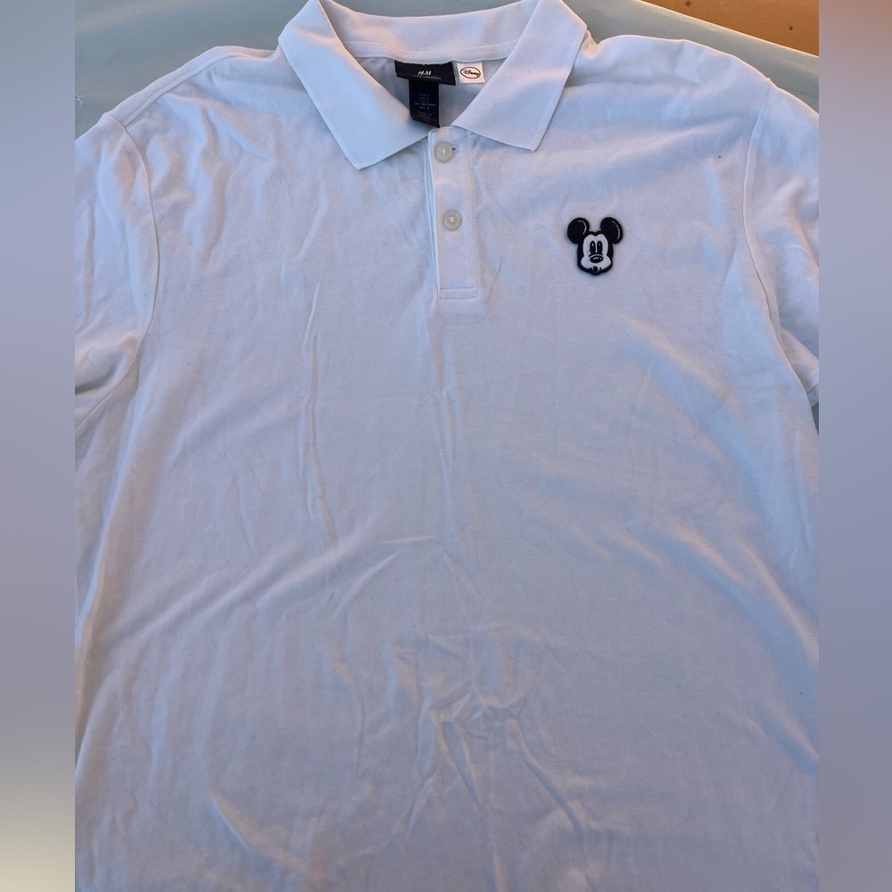 H&M White Polo Shirt with Black Mickey Mouse Logo